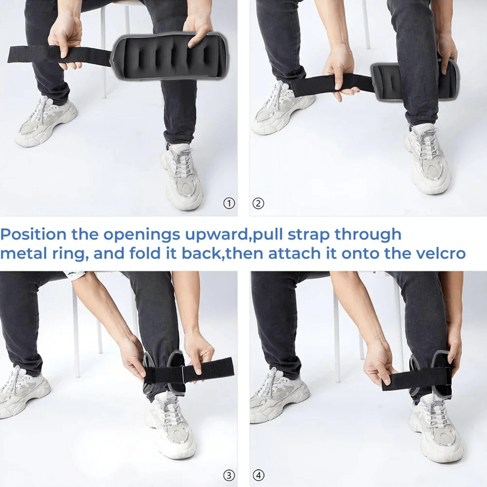 How to secure adjustable ankle weights using strap and velcro, step-by-step guide for workout enhancement.
